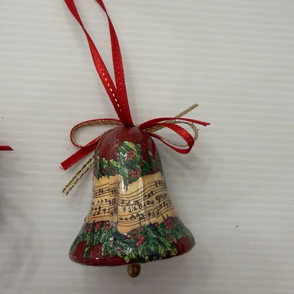 Vintage Decoupage Christmas Ornament Set Of 2 Bell & Heart Holiday Music Holly